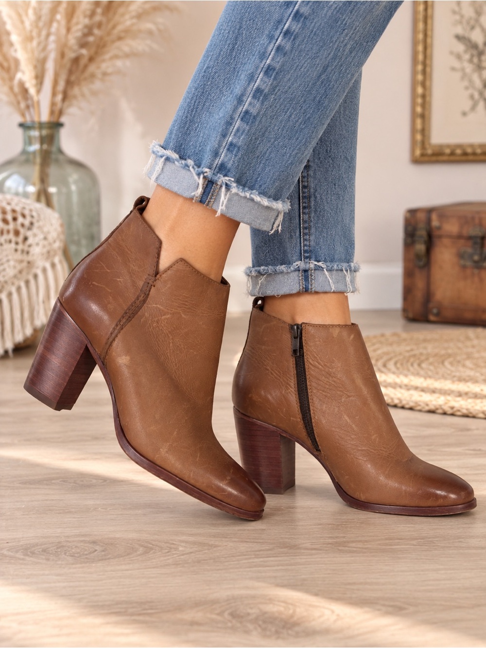 Frye Women's Tan Brown Leather Ankle Booties with Block Heel